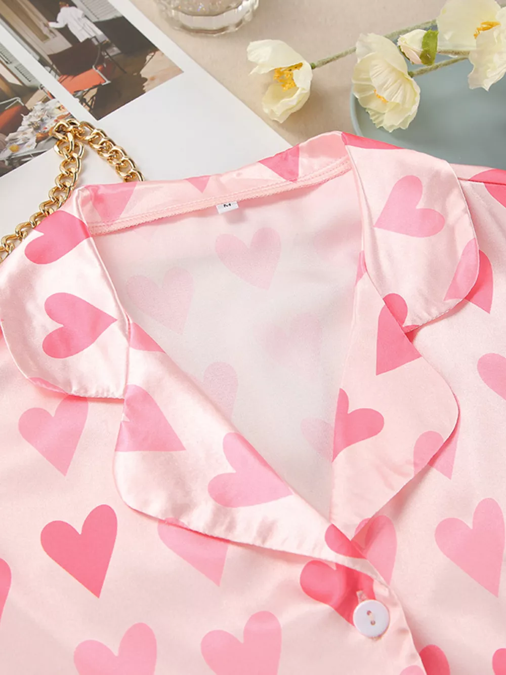 Heart Print Button Up Top and Pants Lounge Set, image 8