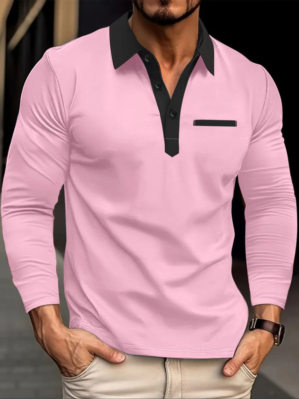 Men's Full Size Long Sleeve Contrast Collar Polo Shirt Plus Size, image 5