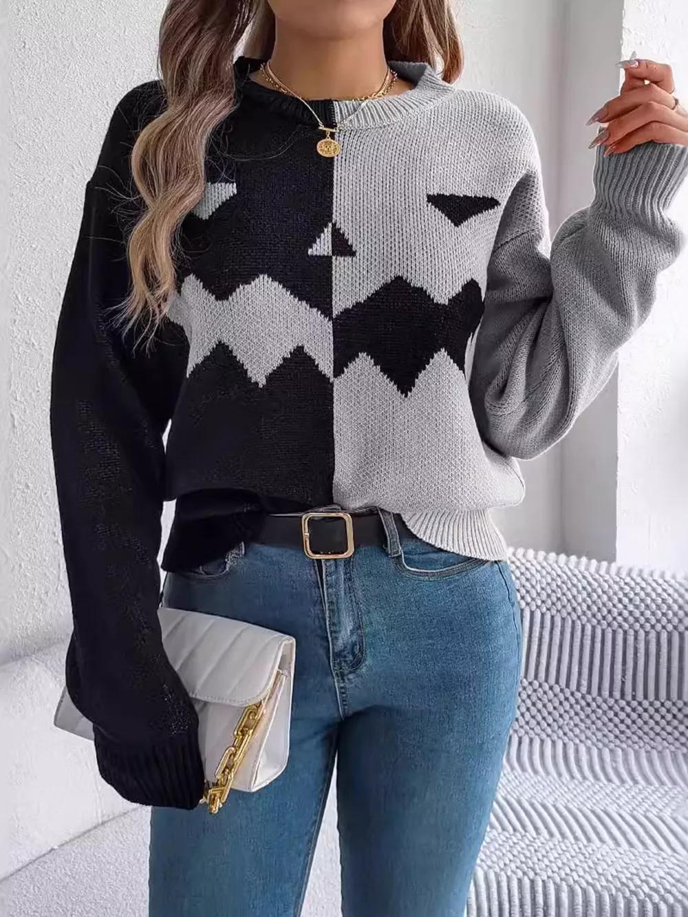 Pumpkin Face Graphic Two Tone Sweater, image 9