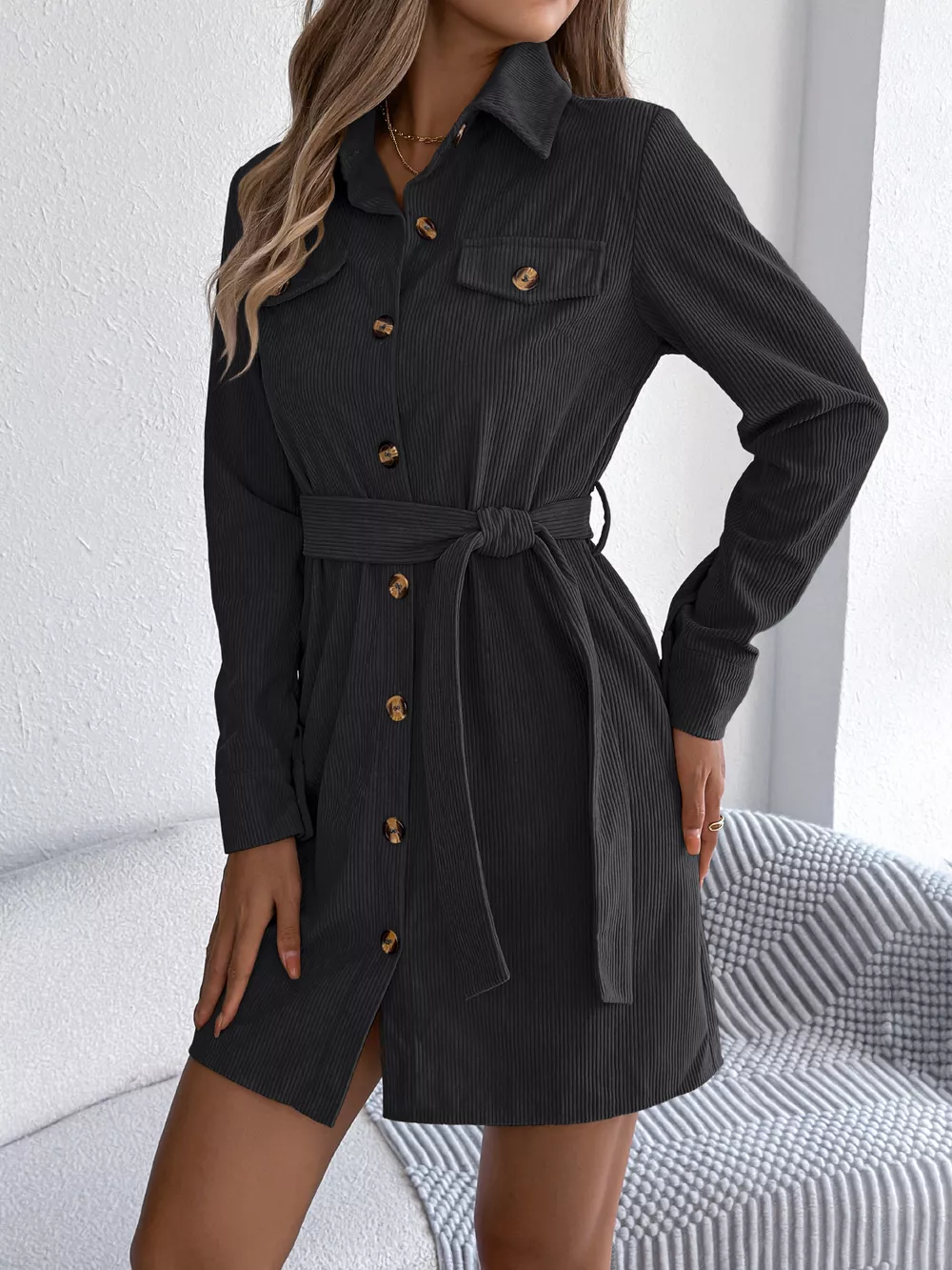 Button-Front Corduroy Shirt Dress, image 14