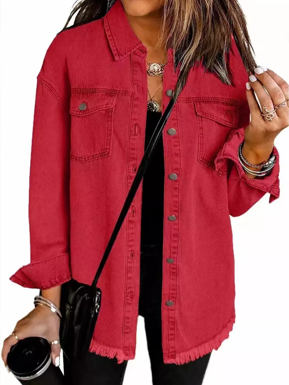 Frayed Hem Button Up Denim Jacket, image 13