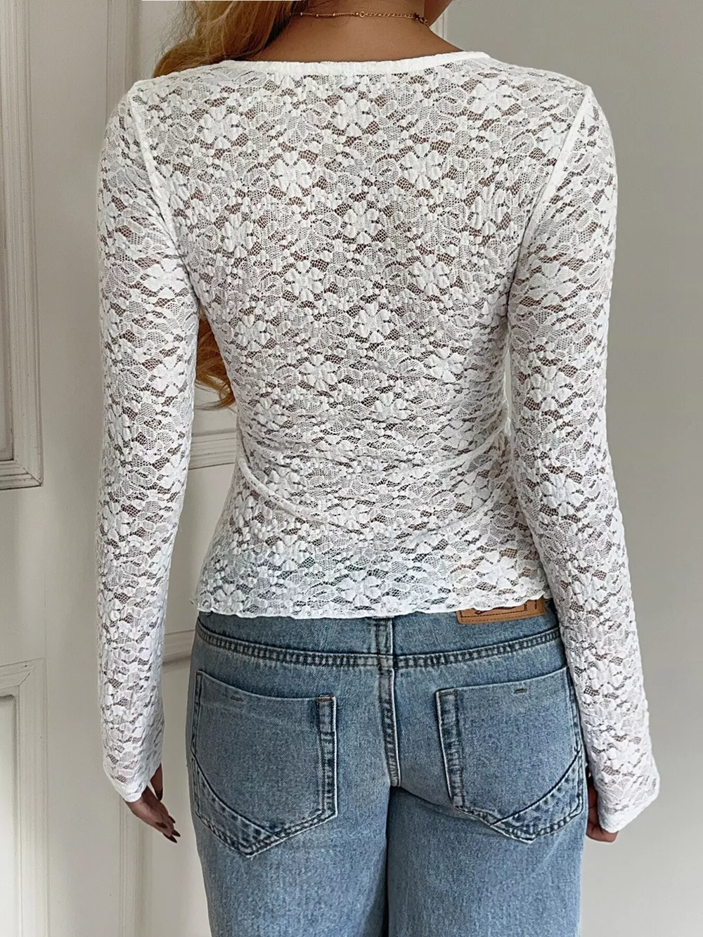 Floral Lace V-Neck Long Sleeve Peplum Blouse, image 5