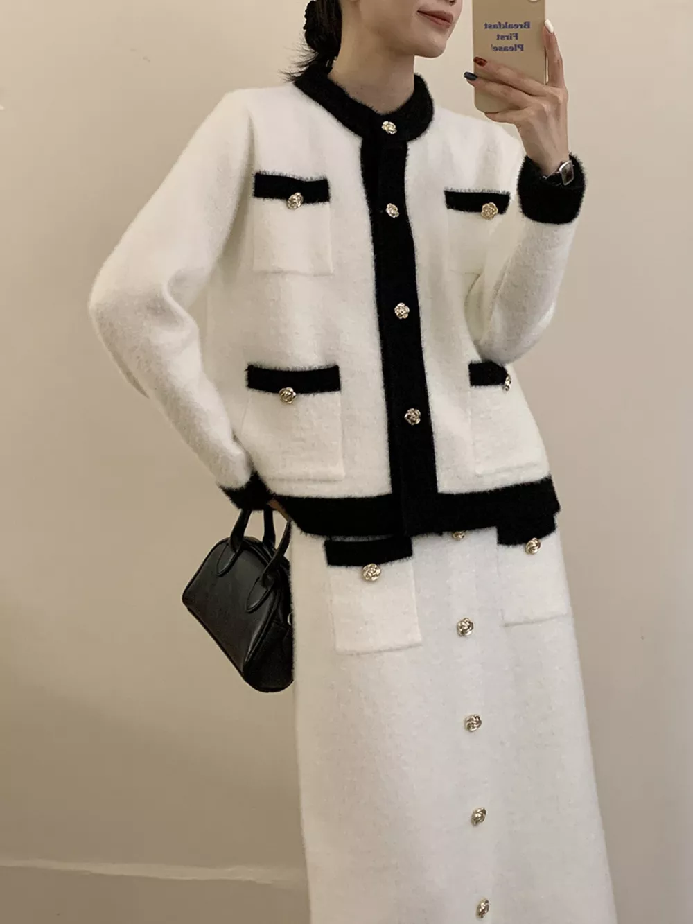 Contrast Trim Jacket and Skirts Sweater Set, image 7