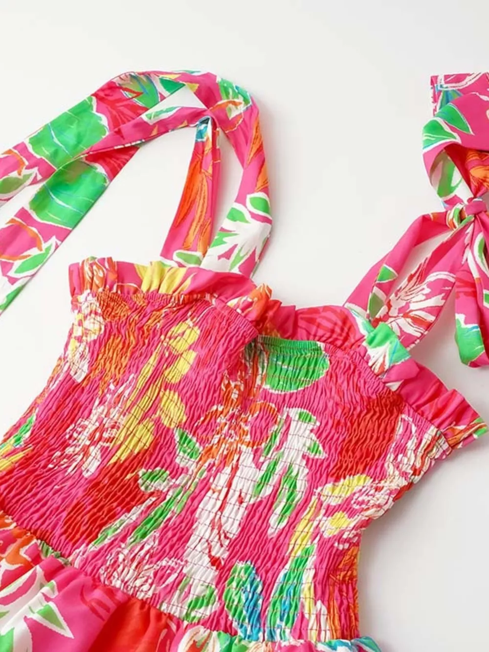 Tropical Print Smocked Tie-Strap Dress, image 18