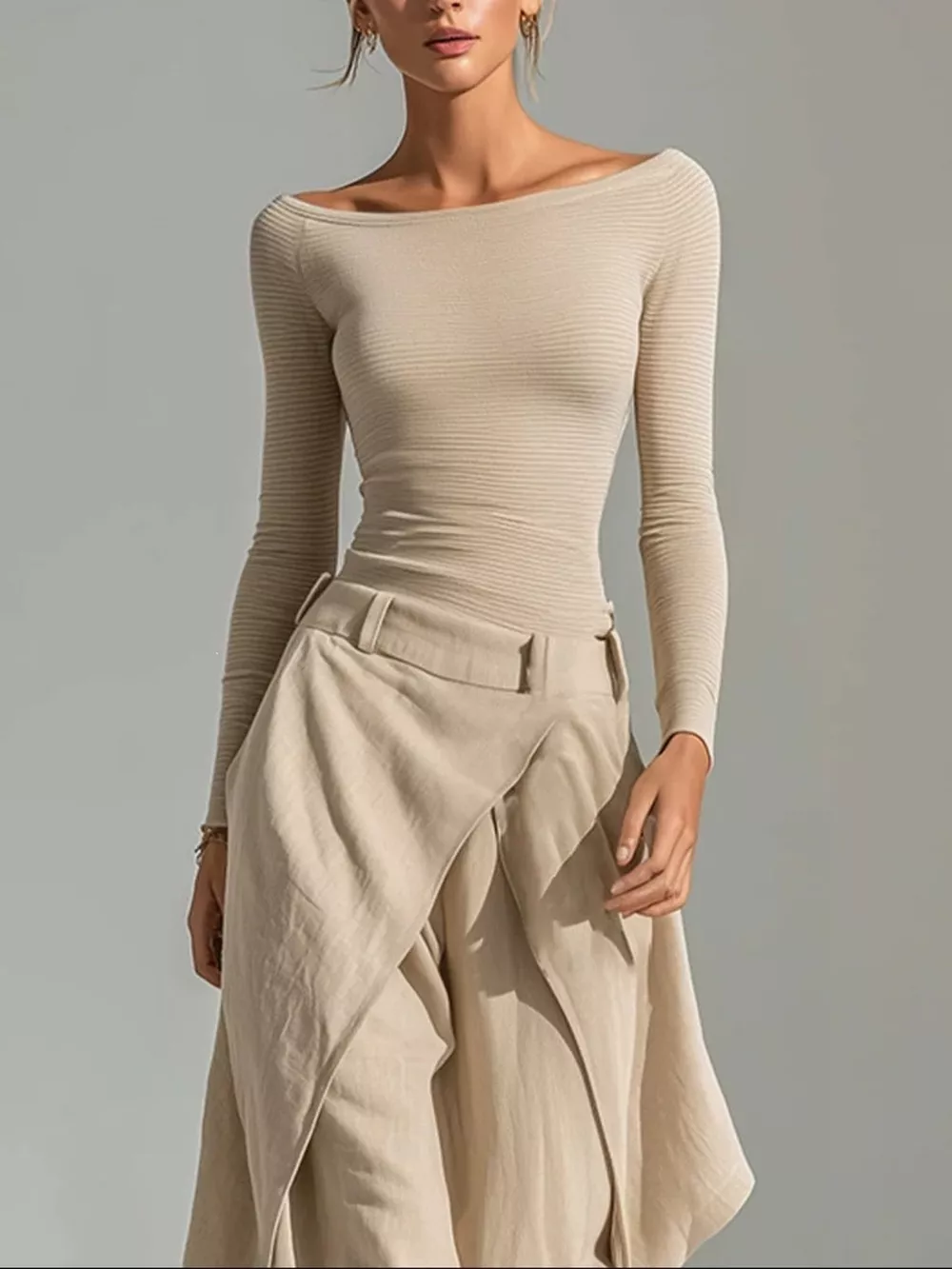 Boat Neck Long Sleeve Top and Wrap-Front Wide Leg Pant Set, image 2