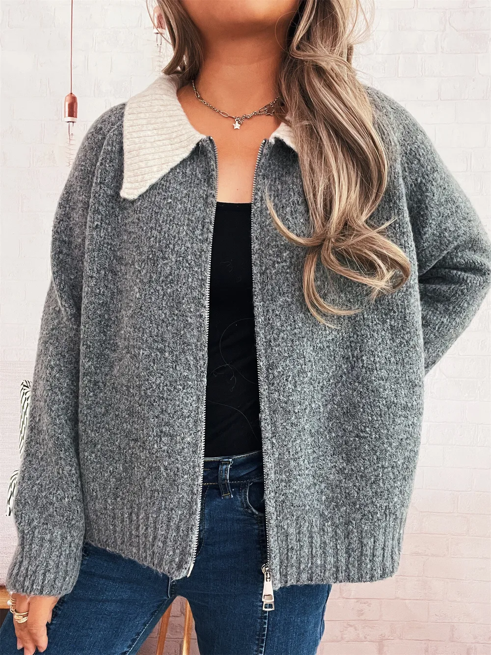 Contrast Collar Zip-Up Cardigan, image 8
