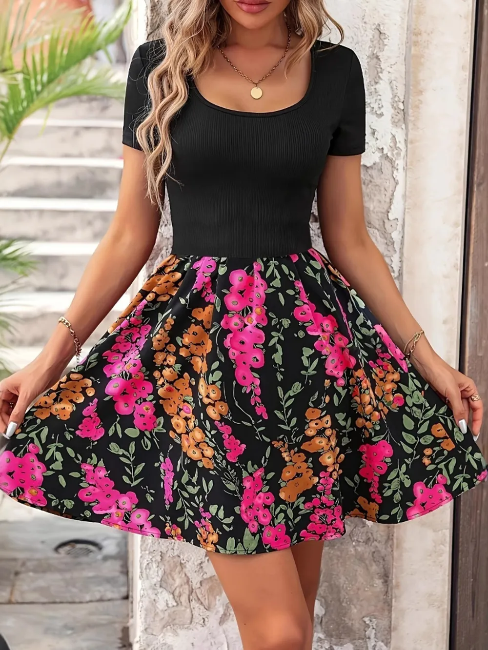 Floral Print Short Sleeve Mini Dress, image 4