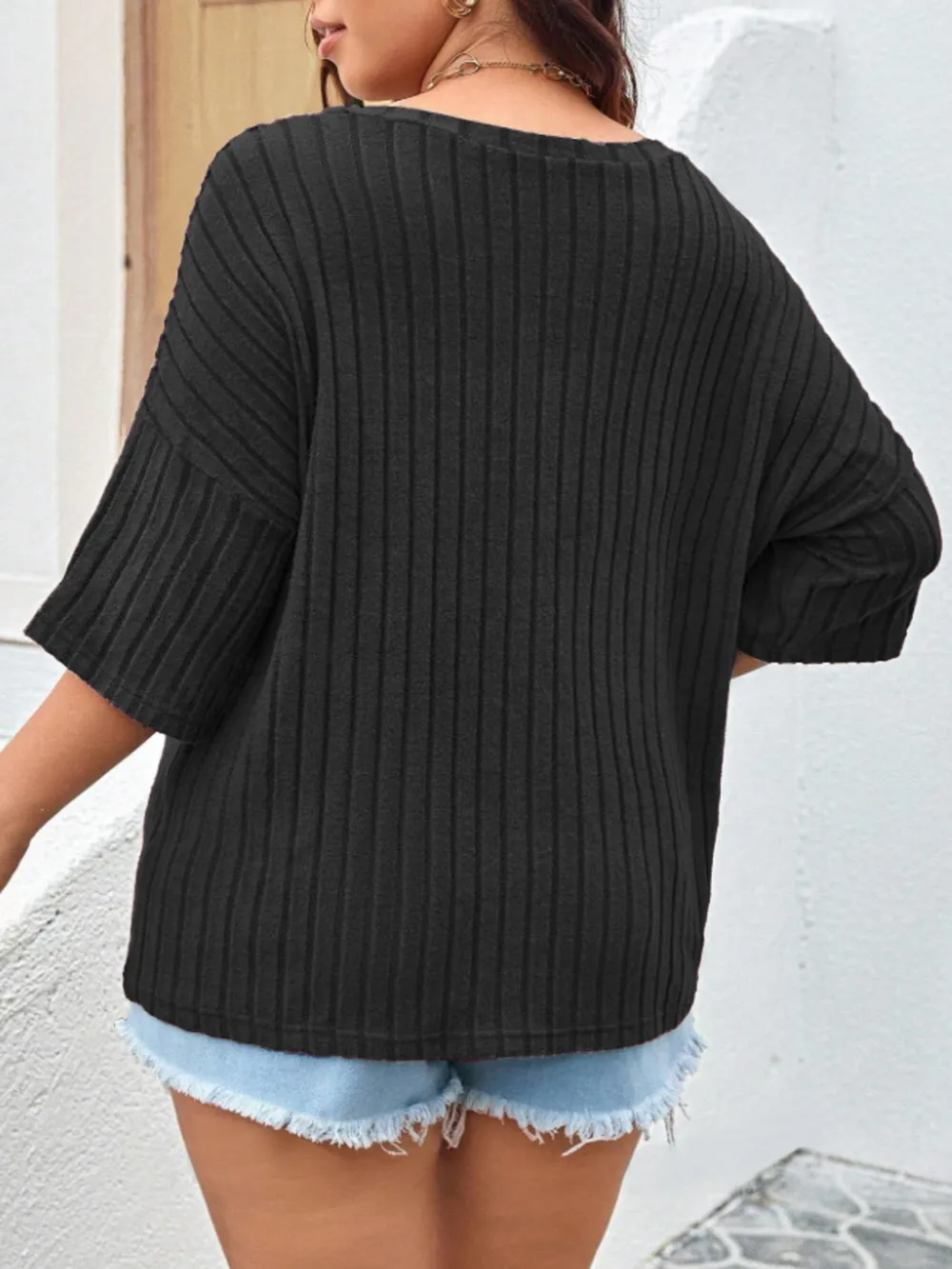 Plus Size V-Neck Ribbed Knit T-Shirt, image 13