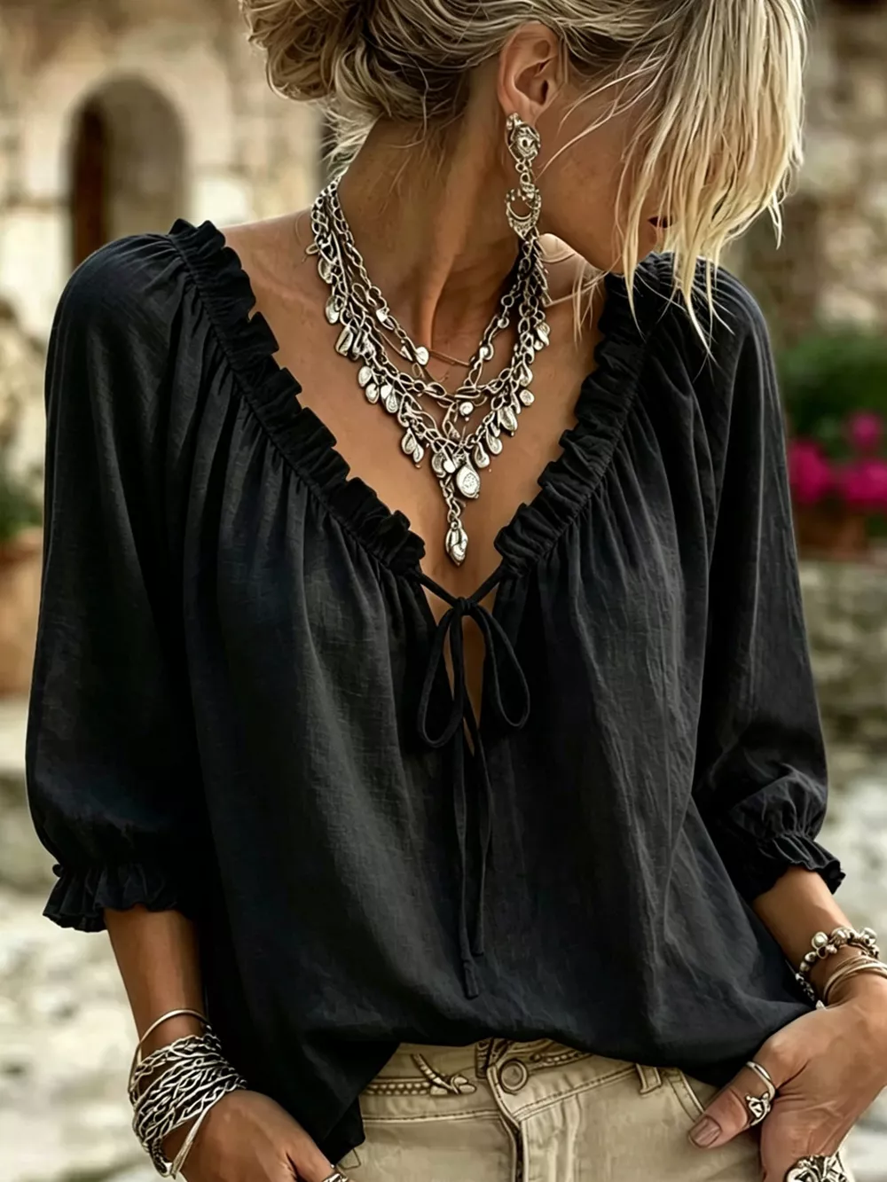 Frill Tie Neck 3/4 Sleeve Blouse, image 5