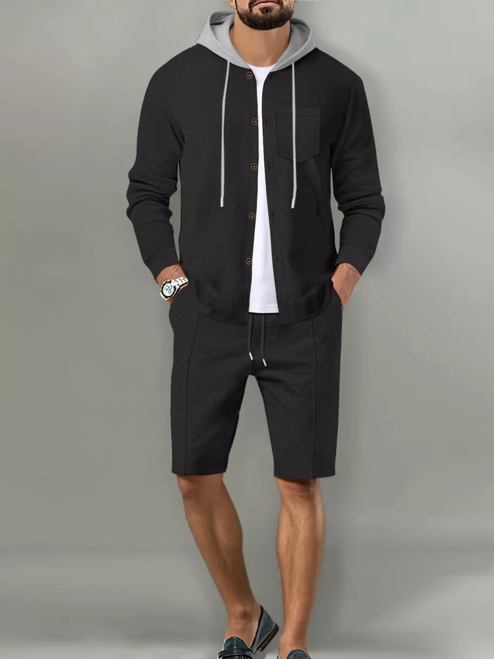 Men's Full Size Casual Hooded Button-Up Top and Shorts Set Plus Size, image 7