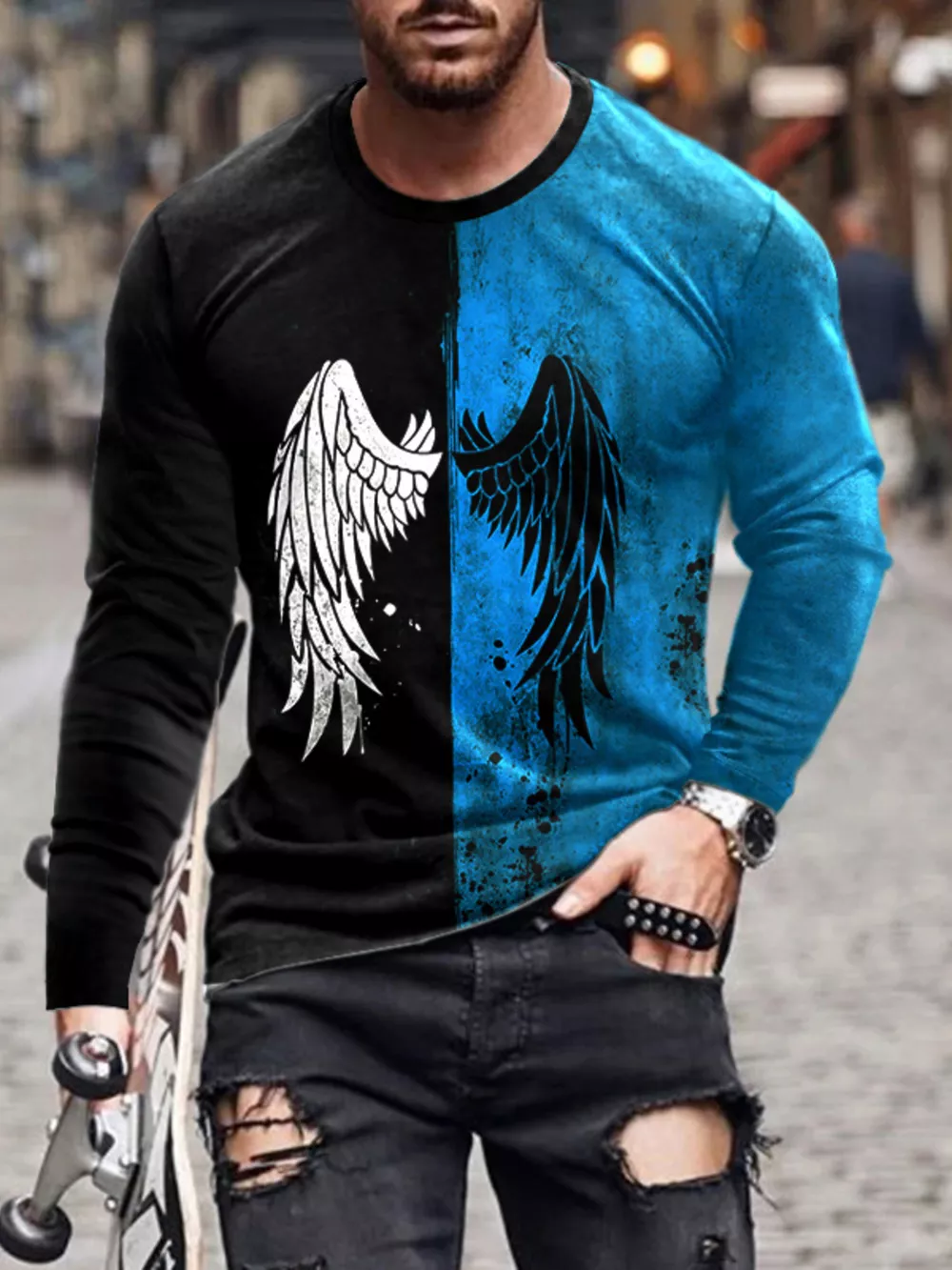 Men's Full Size Split-Color Wing Graphic Long-Sleeve T-Shirt Plus Size, image 3