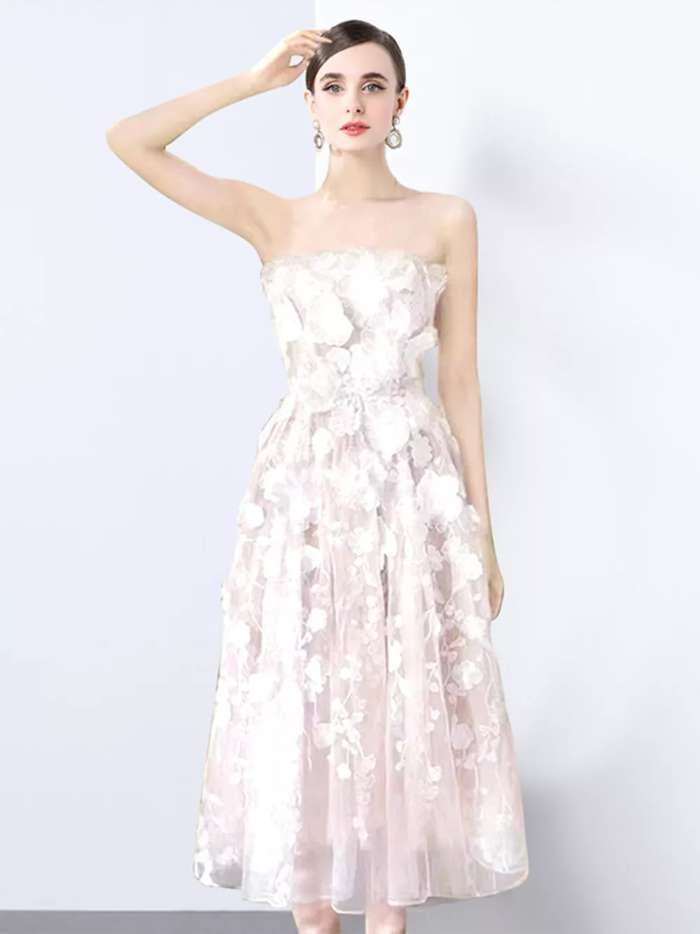 Strapless Floral Applique Midi Dress, image 4