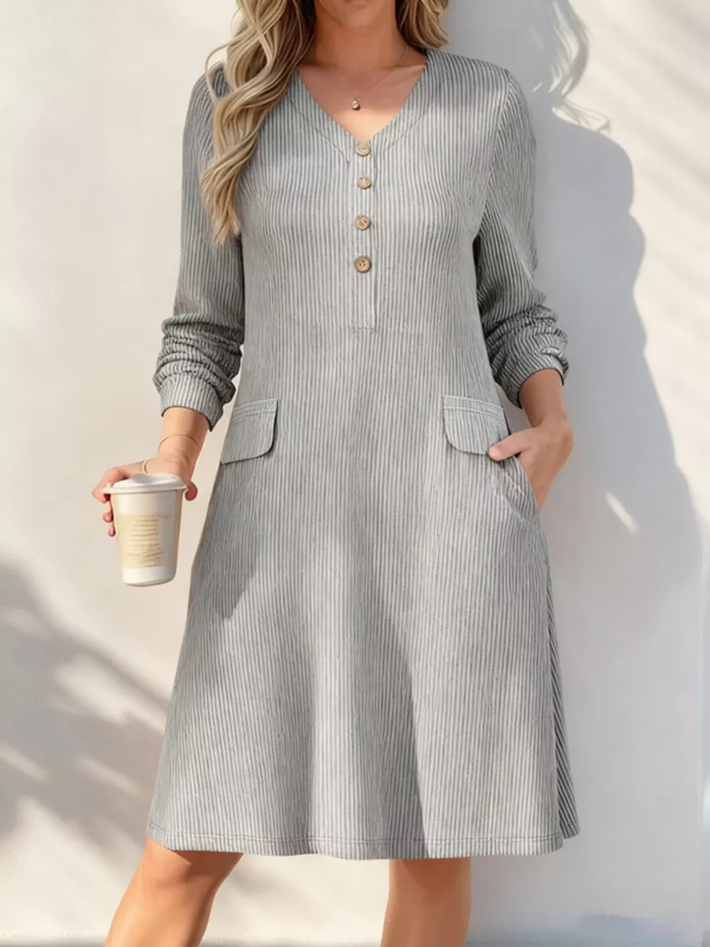 Full Size Ribbed Knit V-Neck Dress Plus Size, image 5