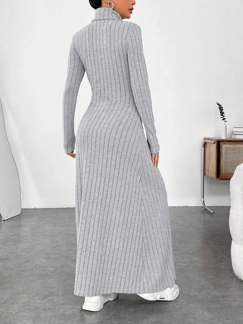 Ribbed Turtleneck Long Sleeve Maxi Knit Dress, image 2