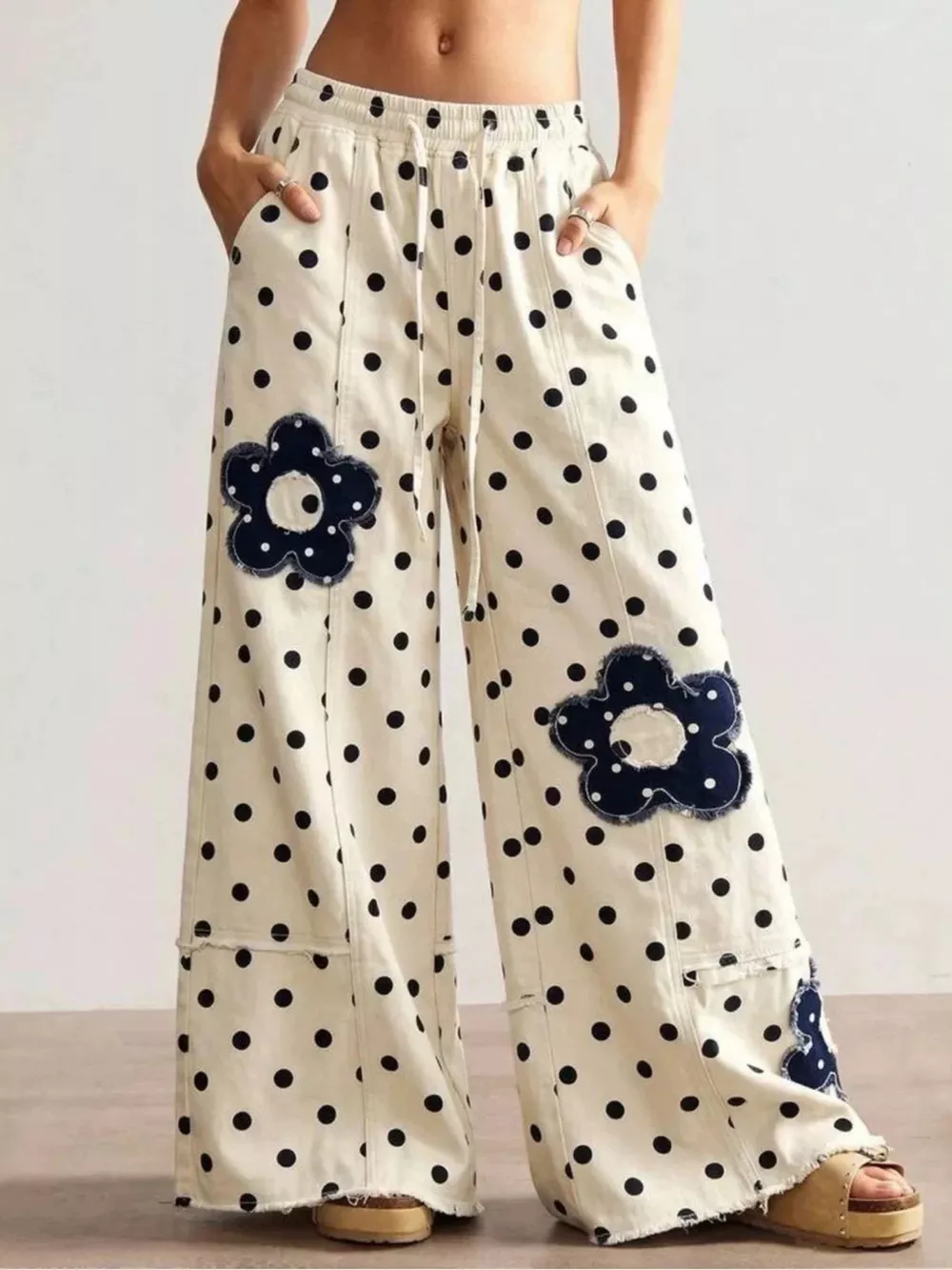 Floral Applique Polka Dot Wide-Leg Jeans, image 2