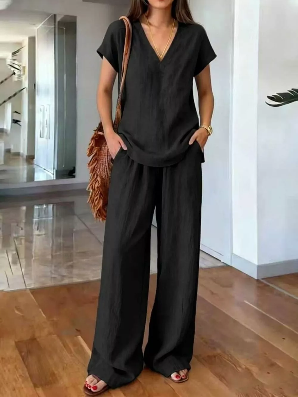 Full Size V-Neck Short Sleeve Top and Pants Set Plus Size, image 7