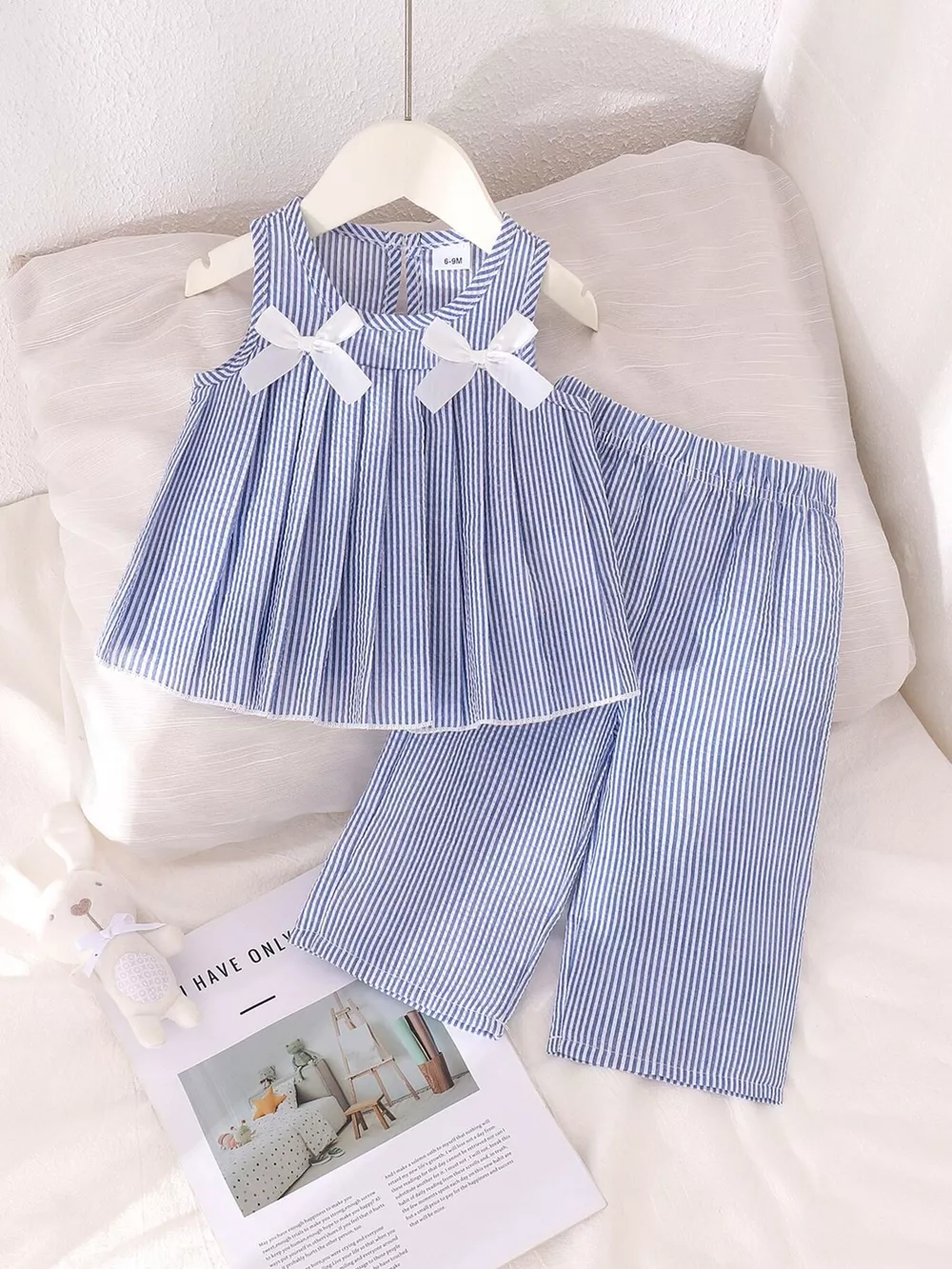 Children's Striped Sleeveless Top and Pants Set with Bows