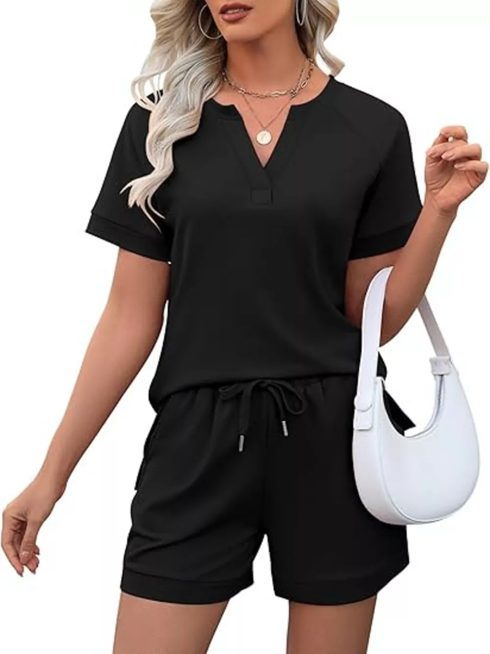 Solid Color Short Sleeve Top and Shorts Two-Piece Set, image 9