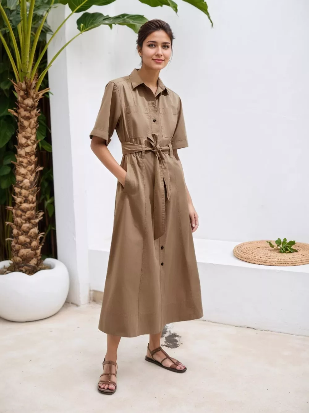 Button Front Short Sleeve Shirt Dress, image 3