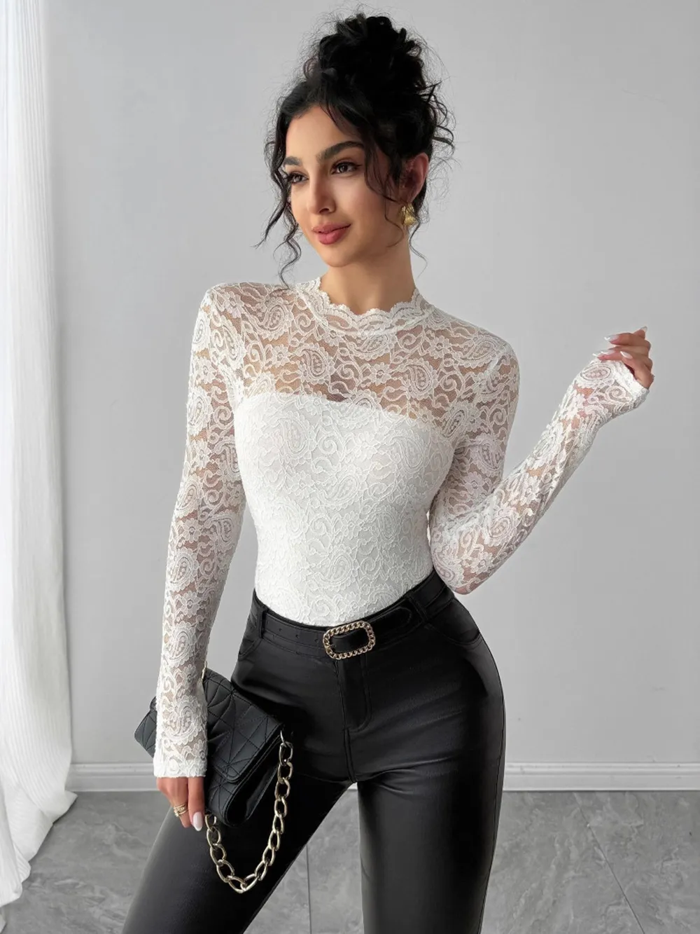 Zip Back Long Sleeve Lace Top, image 4