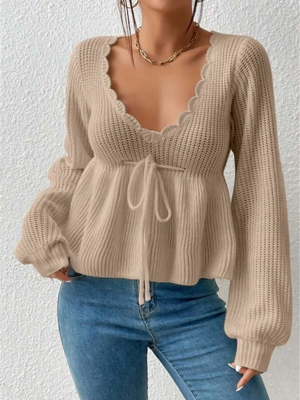 Scalloped V-Neck Drawstring Knit Top, image 10