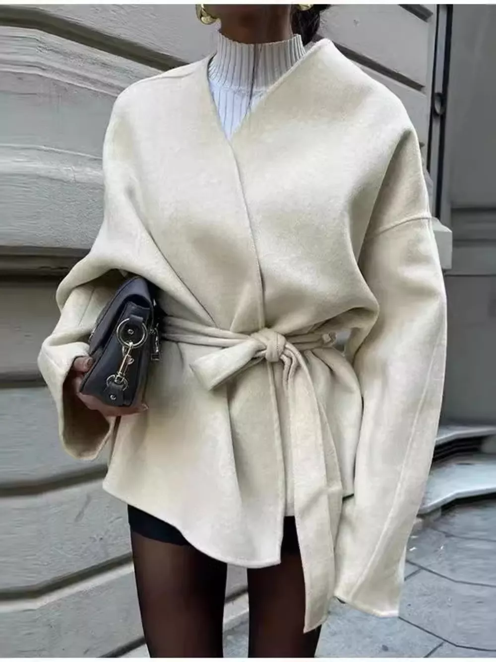Surplice Tie Waist Dropped Shoulder Outerwear