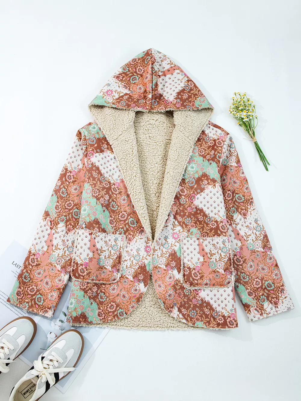 Floral Printed Sherpa Lined Hooded Jacket, image 4