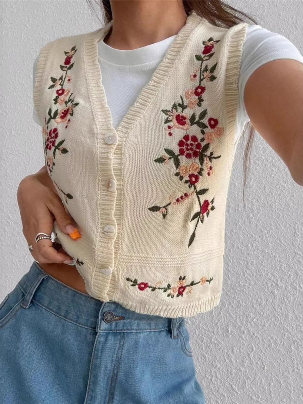 Embroidered Button Up Sweater Vest, image 4