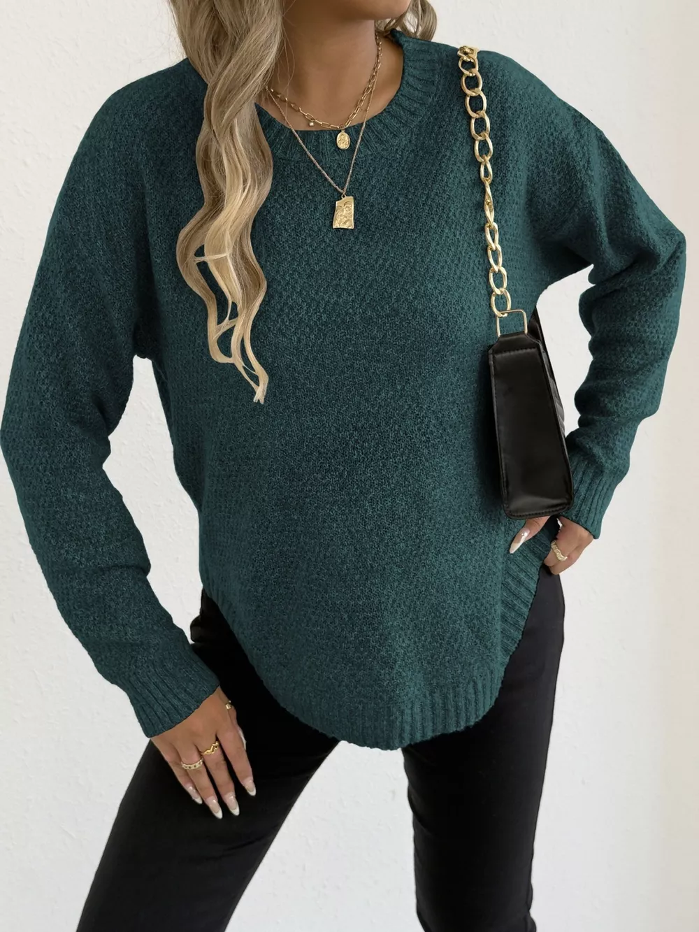 Textured Knit Relaxed Fit Round Neck Sweater, image 17