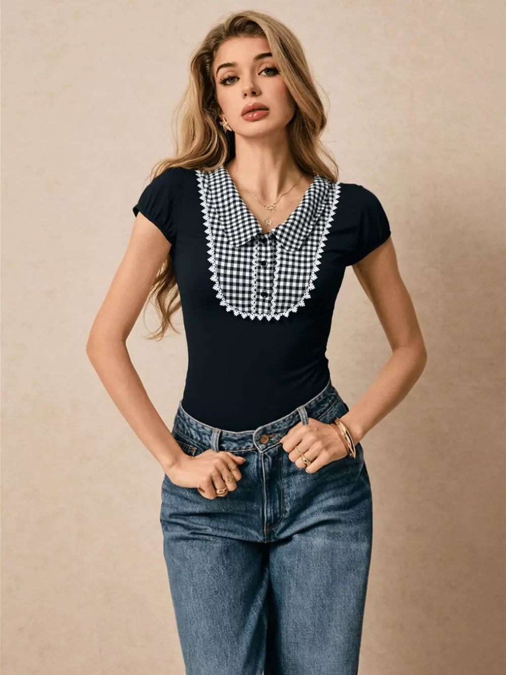 Gingham Collar Slim Fit Blouse