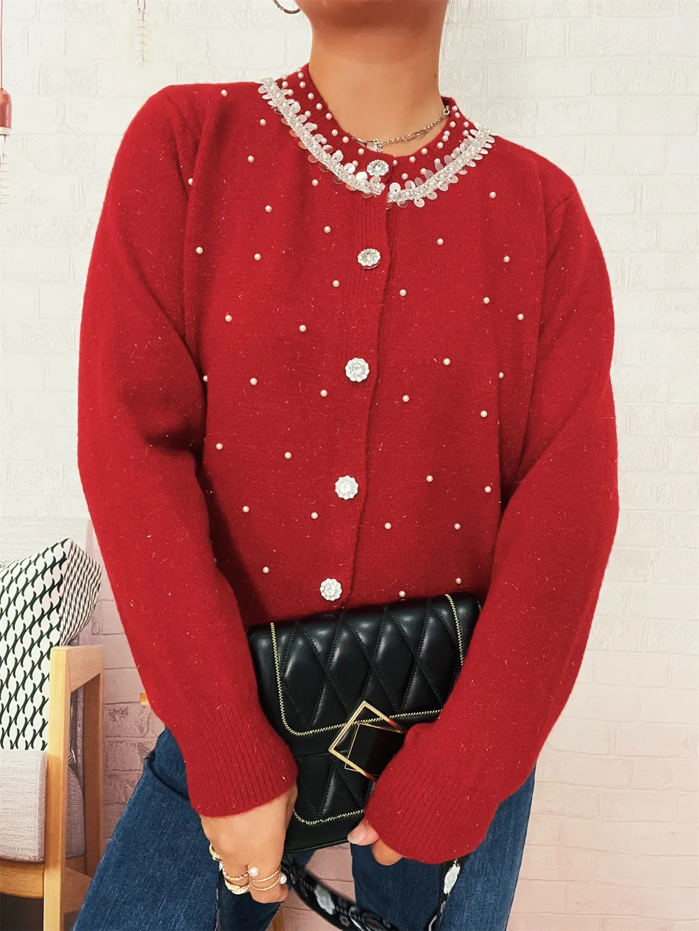 Pearl Detail Button-Front Cardigan, image 6