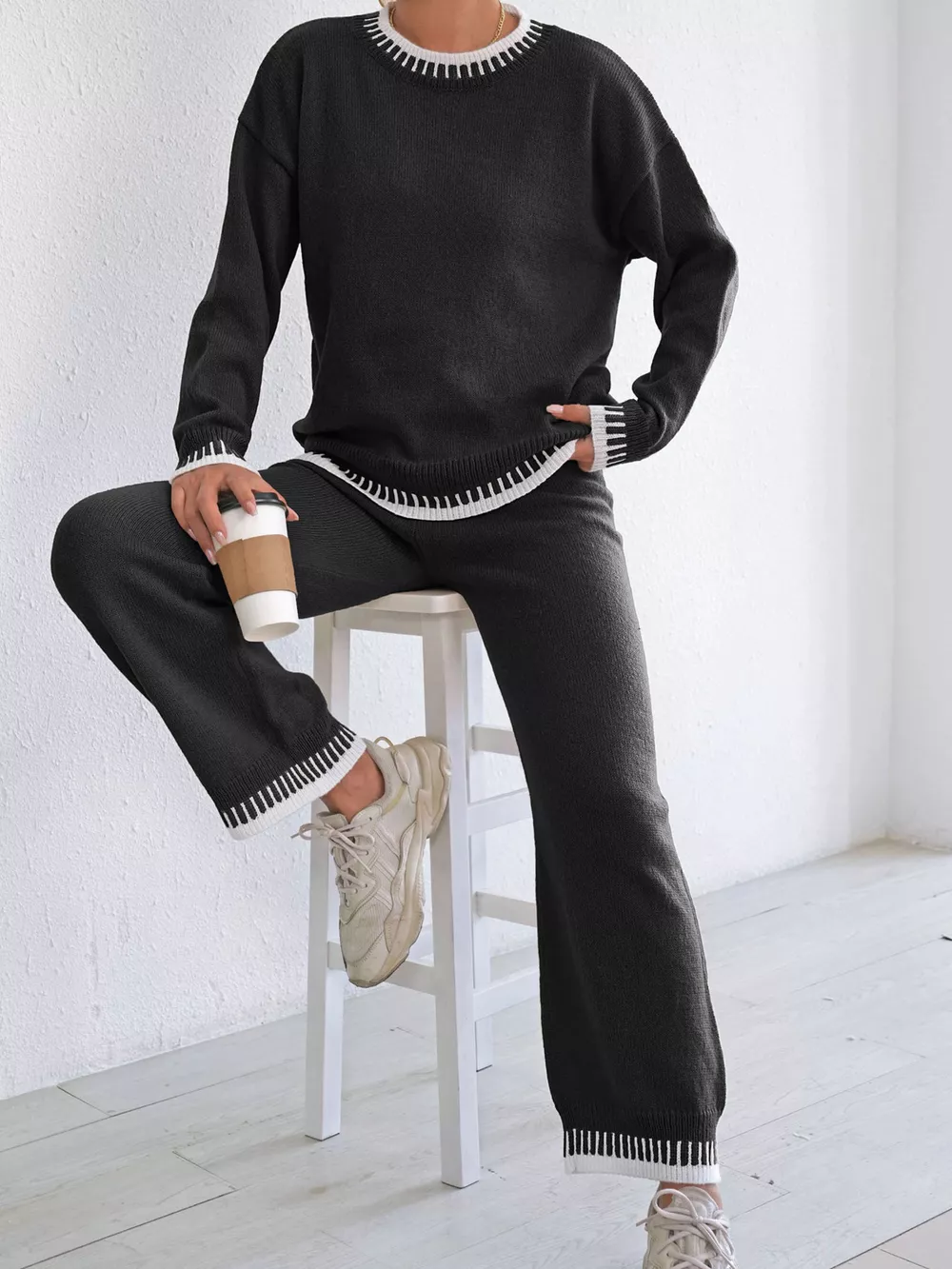 Contrast Trim Crew Neck Sweater and Pants Set, image 8