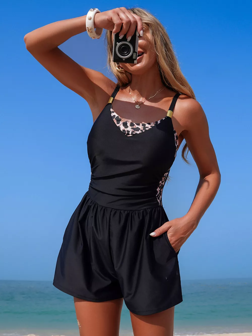 Color Block Adjustable Strap One-Piece Swimsuit, image 24