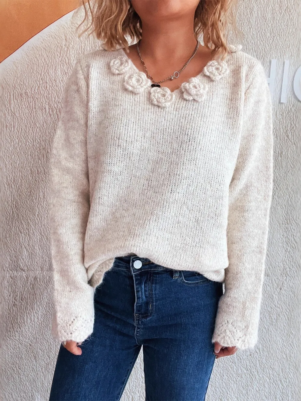 Flower V-Neck Long Sleeve Sweater, image 5