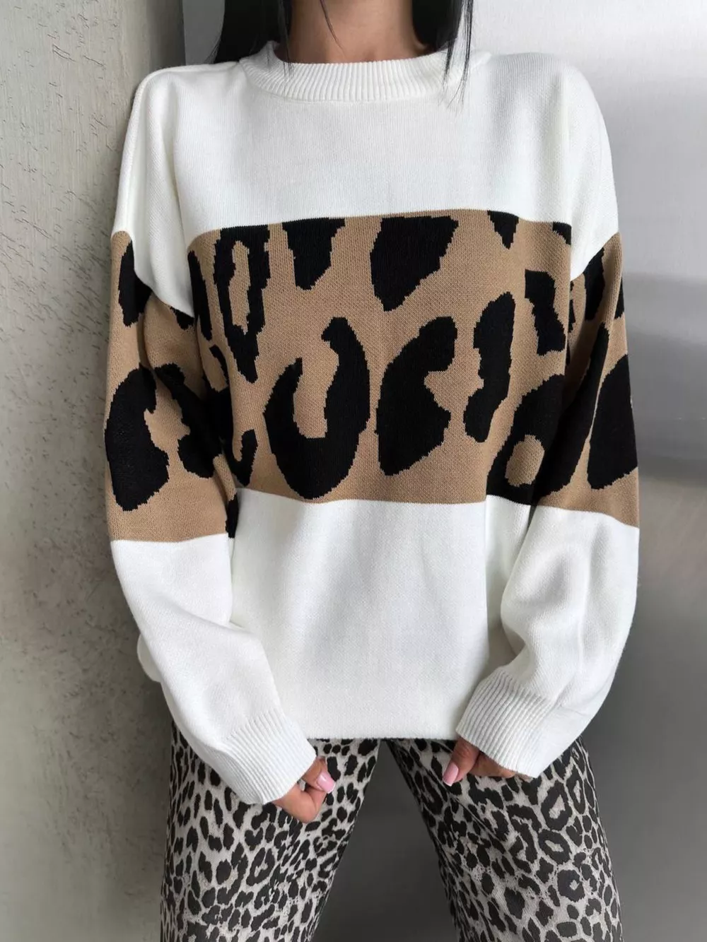 Leopard Color Block Round Neck Sweater, image 10