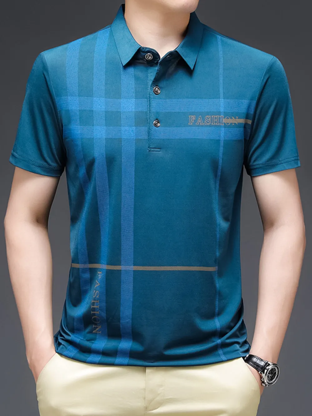Men's Plus Size Plaid Pattern Short Sleeve Polo Shirt, image 5