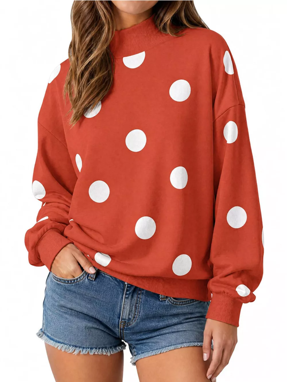 Mock Neck Polka Dot Print Oversized Sweatshirt, image 8