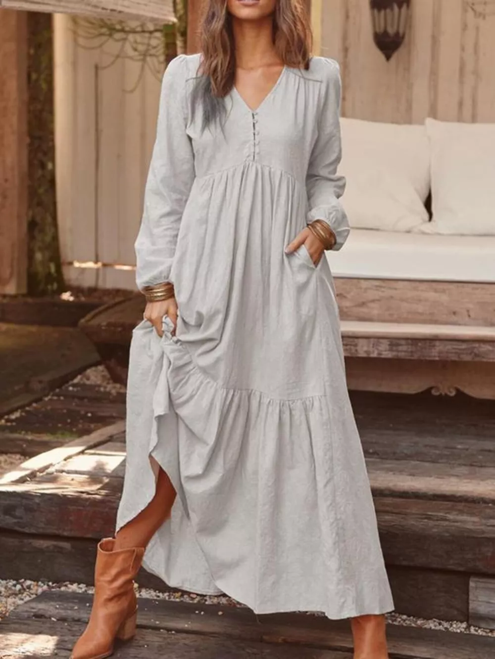 Full Size V-Neck Long Sleeve Tiered Maxi Dress with Pockets Plus Size, image 9