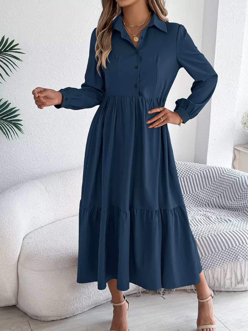 Long Sleeve Tiered Button Front Midi Dress, image 12