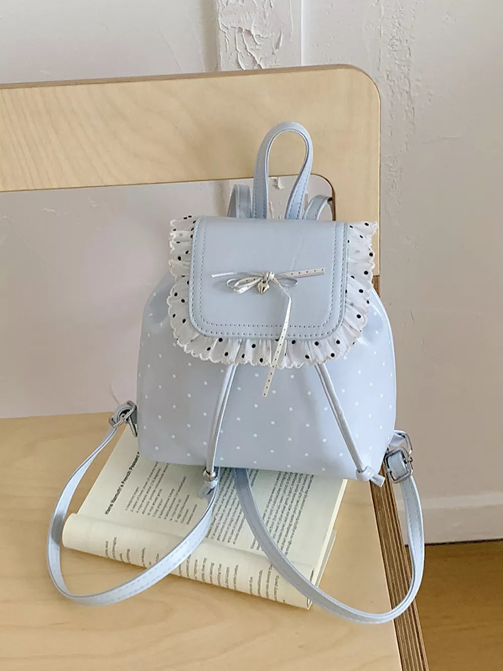 Polka Dot Lace Trim Bowknot Mini Backpack Bag, image 5