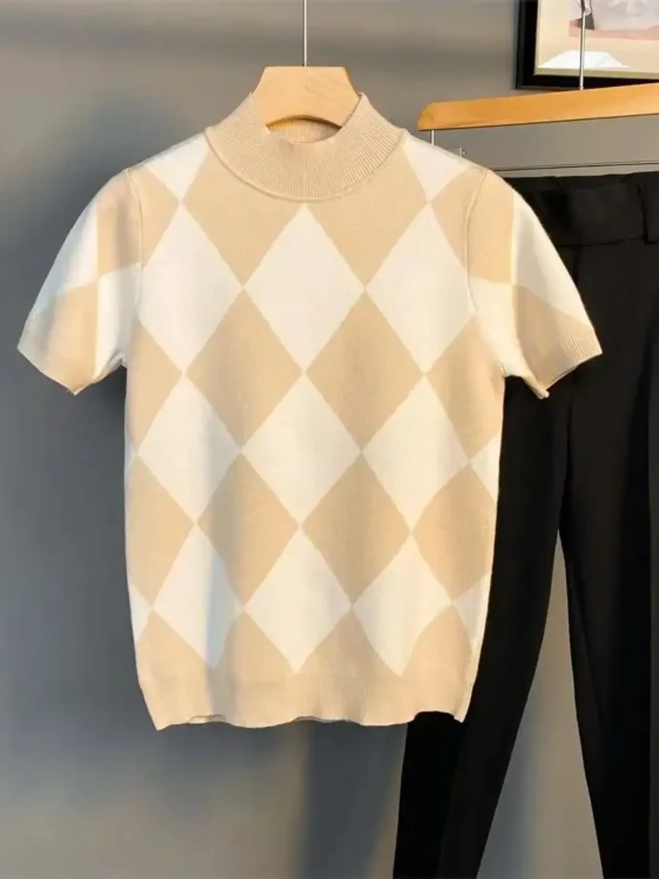 Men's Full Size Diamond Pattern Short Sleeve Knit Top Plus Size, image 6