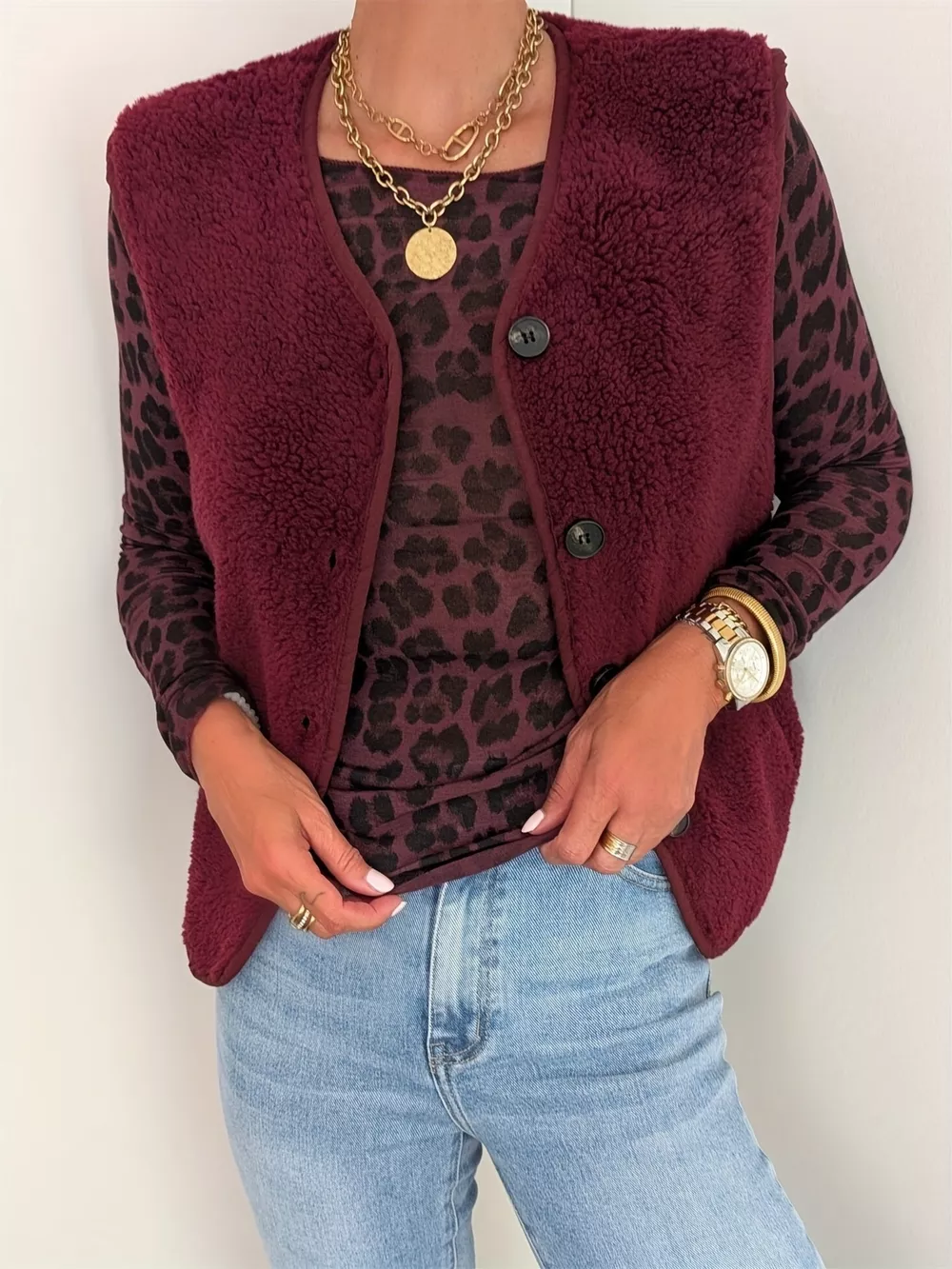 Fleece Button-Down Vest Coat