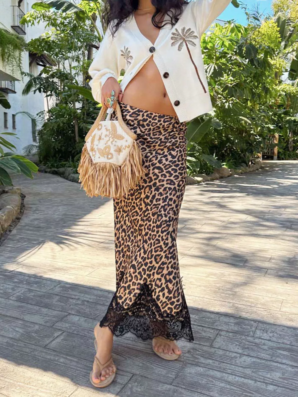 Lace Trim Leopard Maxi Skirt, image 3