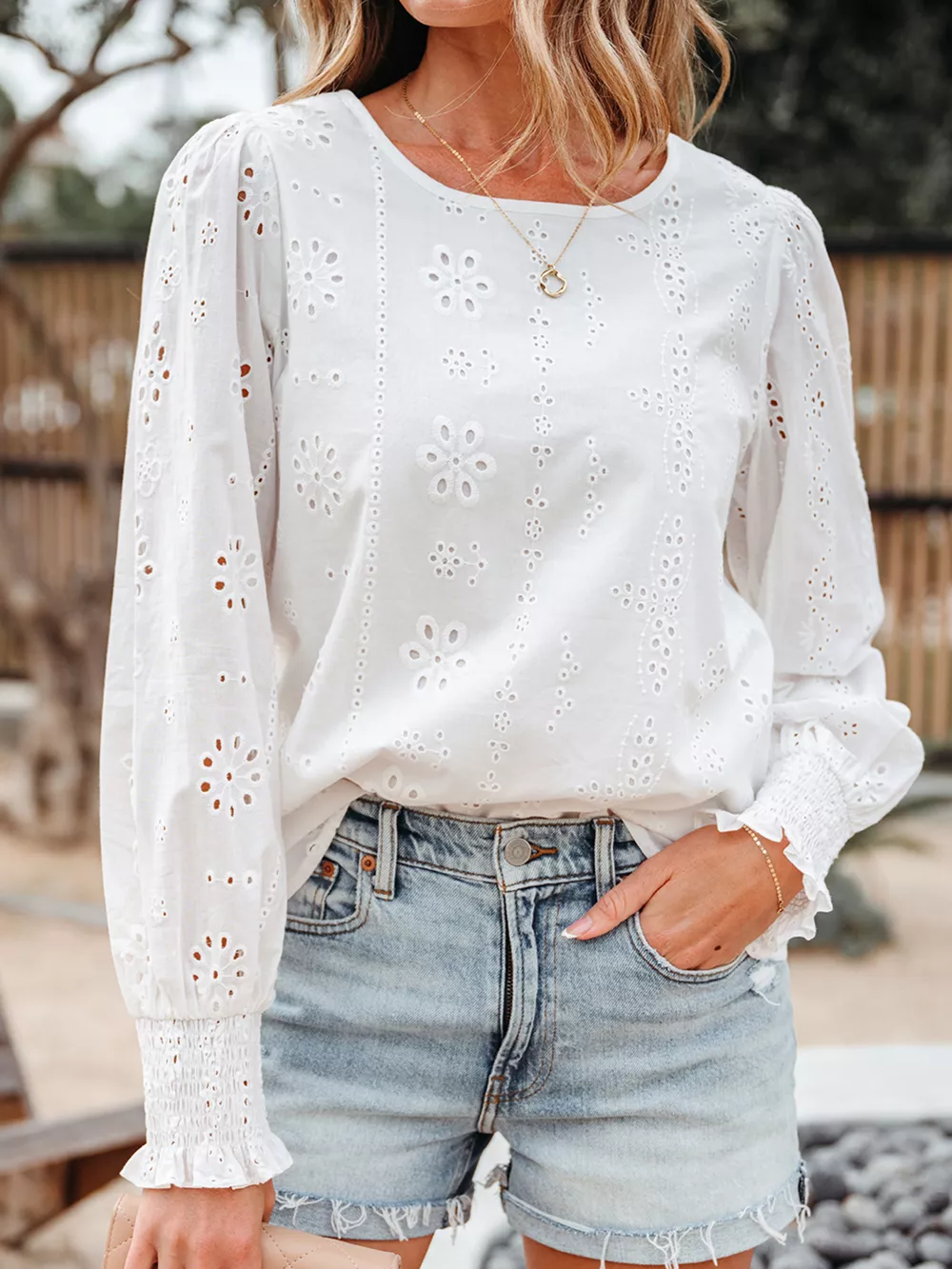 Eyelet Embroidered Smocked Cuff Sheer Blouse, image 7