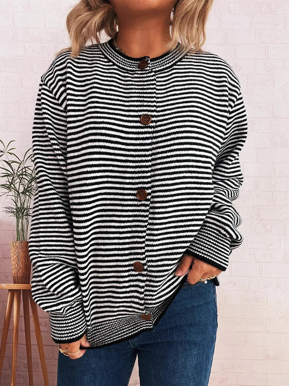 Striped Button Up Long Sleeve Cardigan, image 4