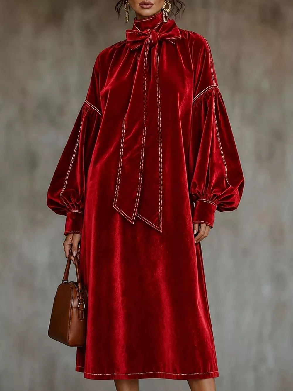 Full Size Velvet Tie-Neck Lantern Sleeve Midi Dress Plus Size, image 5