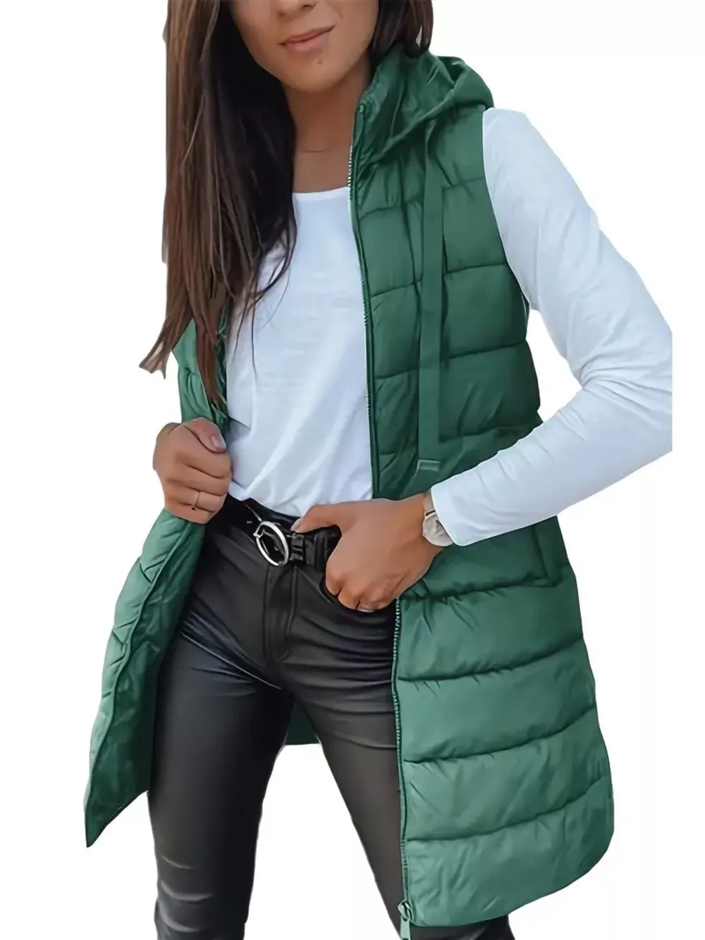 Zip Up Longline Hooded Puffer Vest Coat, image 7