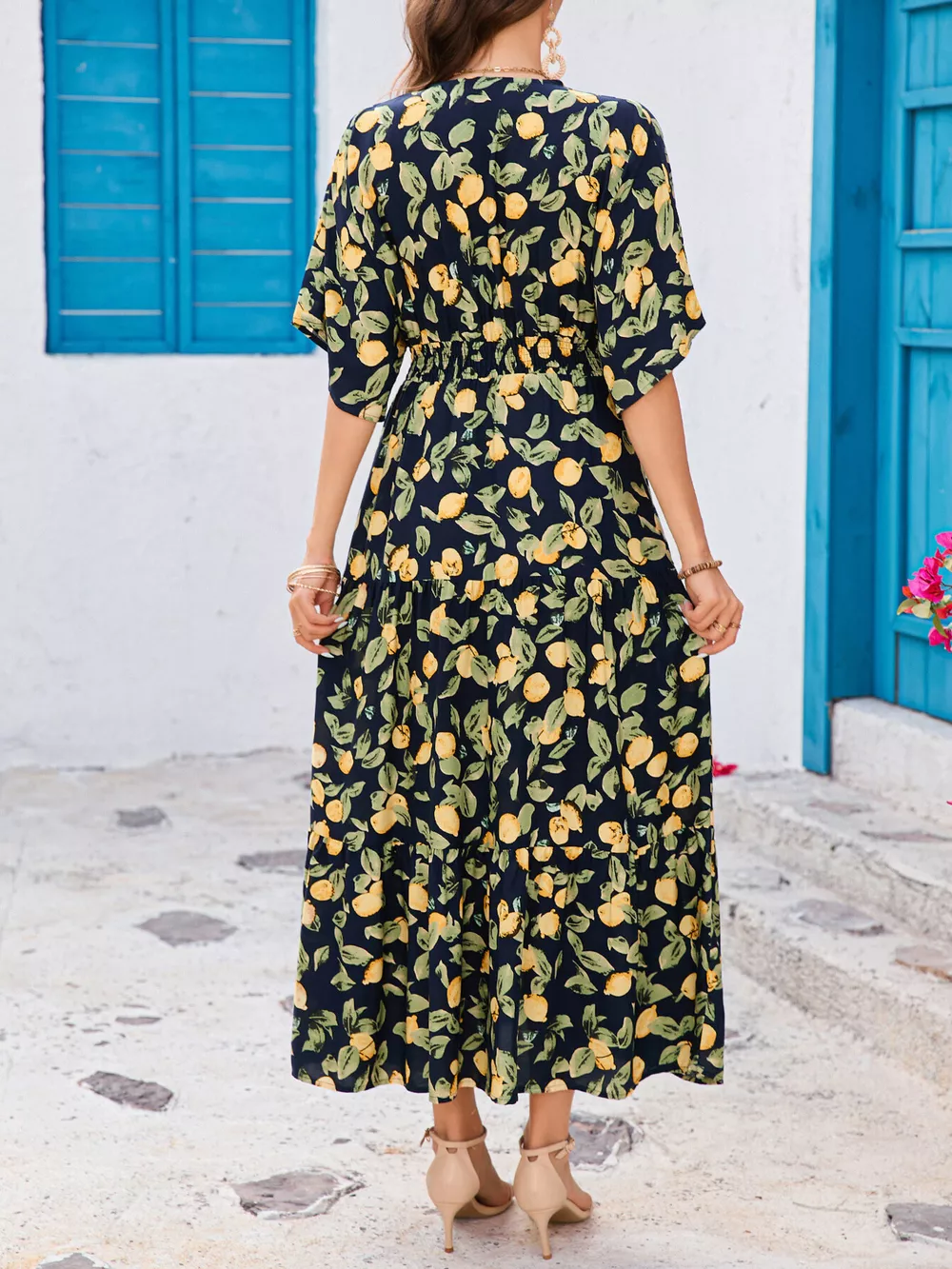 Printed V-Neck Ruffle Hem Flowy Midi Dress, image 6