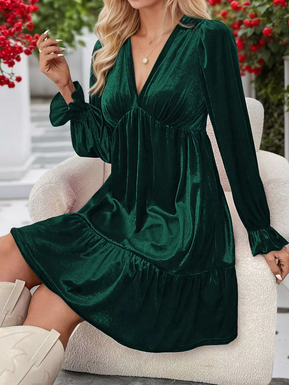 Velvet V-Neck Long Sleeve Ruffle Hem Mini Dress, image 8
