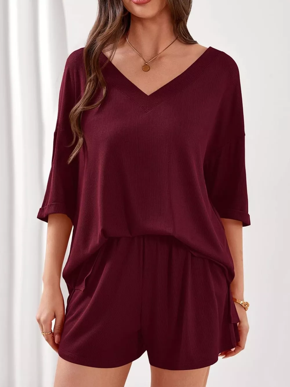 Casual Solid Color V-Neck Top & Shorts Set, image 20